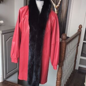 Elegant Red Leather Coat with Black Fox  Fur Trim P2P 23-24 L 34